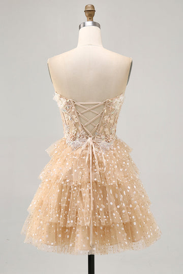 Champagne A Line Strapless Tiered Appliqued Cocktail Dress
